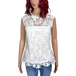 Nanette Lepore Womens Floral Lace Top Small White Sleeveless Scalloped Lined